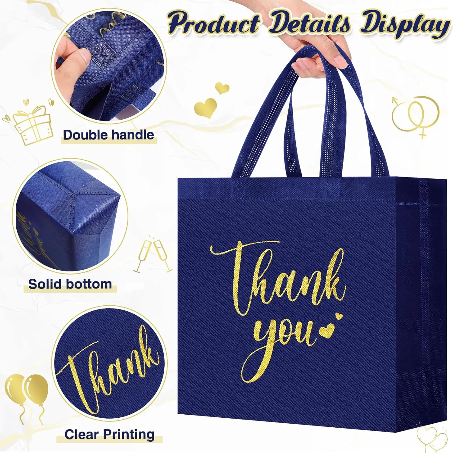 50 Pcs Thank You Gift Bags with Handles Bulk Thank You Non Woven Bags Reusable Gift Handbags Bridesmaid Souvenir Goodie Handbags for Wedding Shopping(11 x 12 x 5 Inch,Navy Blue)