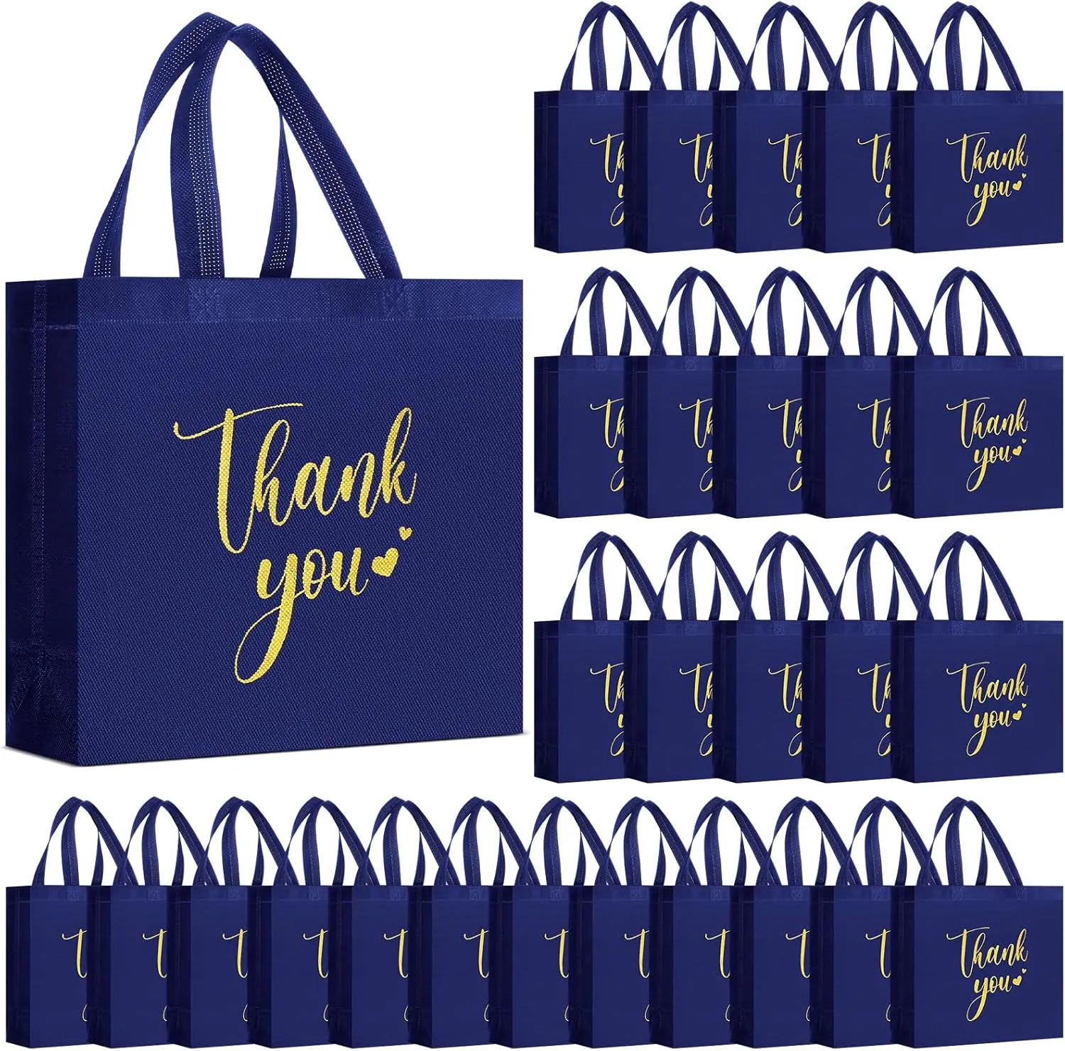 50 Pcs Thank You Gift Bags with Handles Bulk Thank You Non Woven Bags Reusable Gift Handbags Bridesmaid Souvenir Goodie Handbags for Wedding Shopping(11 x 12 x 5 Inch,Navy Blue)