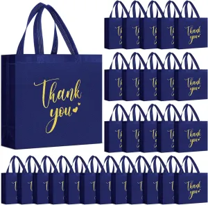 50 Pcs Thank You Gift Bags with Handles Bulk Thank You Non Woven Bags Reusable Gift Handbags Bridesmaid Souvenir Goodie Handbags for Wedding Shopping(11 x 12 x 5 Inch,Navy Blue)