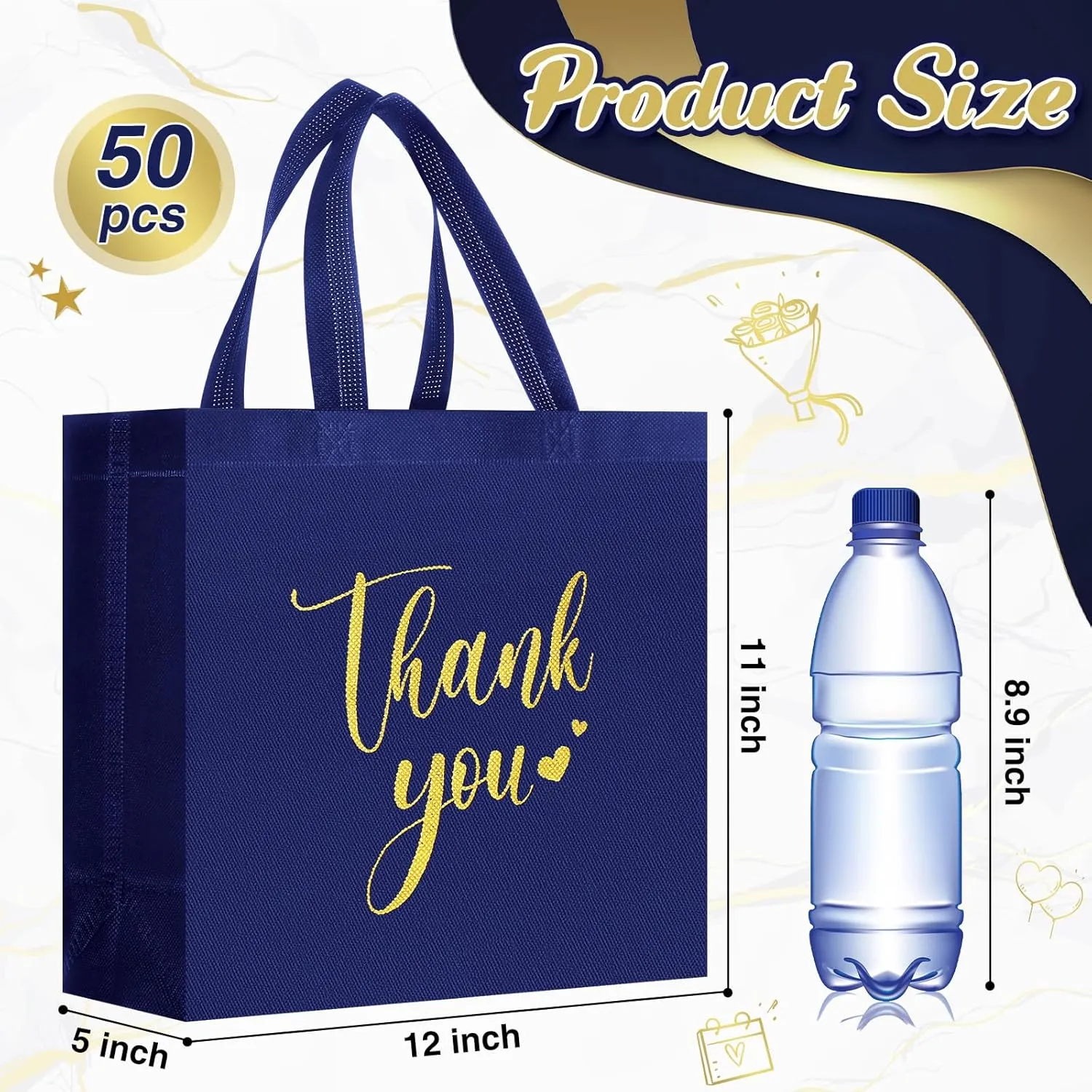 50 Pcs Thank You Gift Bags with Handles Bulk Thank You Non Woven Bags Reusable Gift Handbags Bridesmaid Souvenir Goodie Handbags for Wedding Shopping(11 x 12 x 5 Inch,Navy Blue)