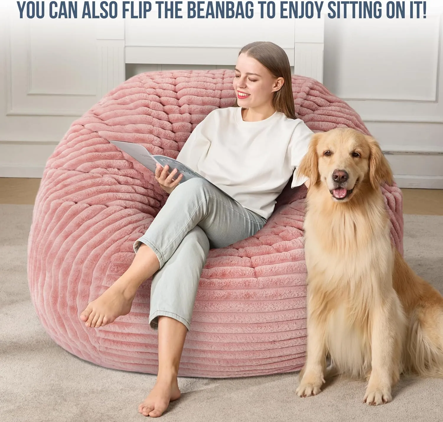 5ft Bean Bag Chairs for Adults Large Beanbag Chair with Stripe Plush Cover Big Bean Bag Chair for Living Room Bedroom Dorm Office