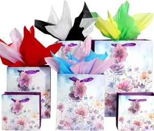 6 Pack Purple Flowers Pattern Embossed Paper Gift Bag with Handles, Assorted Paper Bags with 8 Pcs Tissue Paper for Girls/Women Baby Shower, Celebrations,Birthday, Wedding and Any Occasions