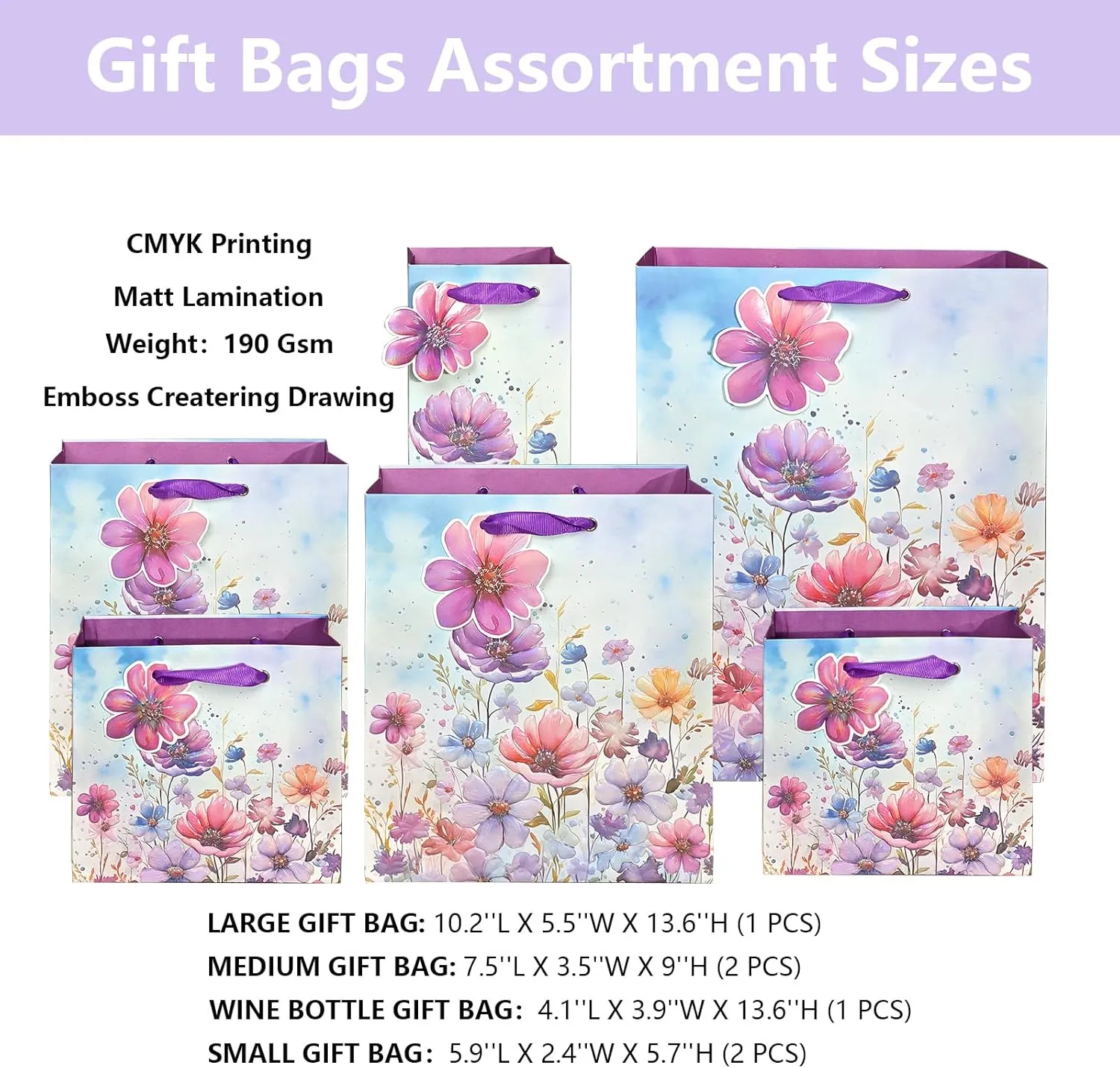 6 Pack Purple Flowers Pattern Embossed Paper Gift Bag with Handles, Assorted Paper Bags with 8 Pcs Tissue Paper for Girls/Women Baby Shower, Celebrations,Birthday, Wedding and Any Occasions