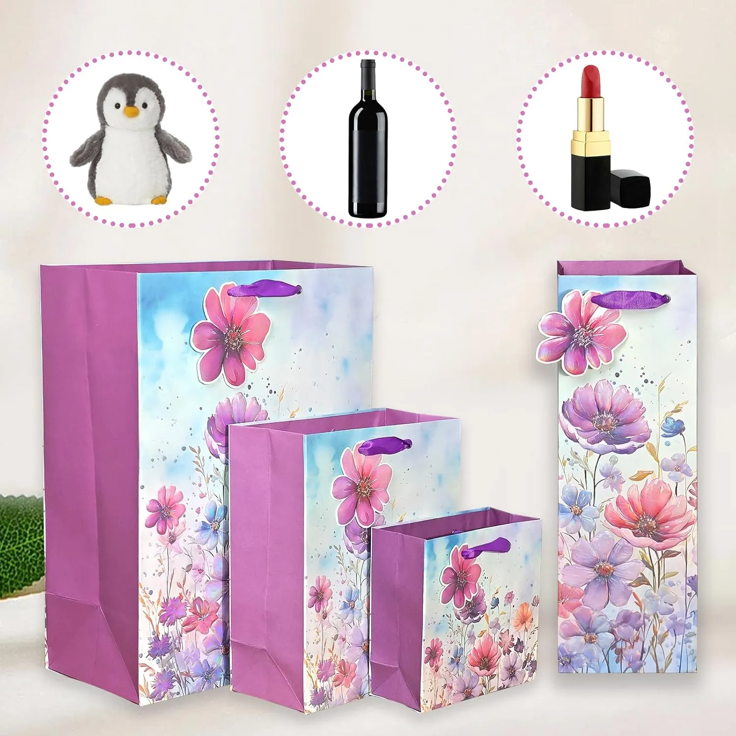 6 Pack Purple Flowers Pattern Embossed Paper Gift Bag with Handles, Assorted Paper Bags with 8 Pcs Tissue Paper for Girls/Women Baby Shower, Celebrations,Birthday, Wedding and Any Occasions