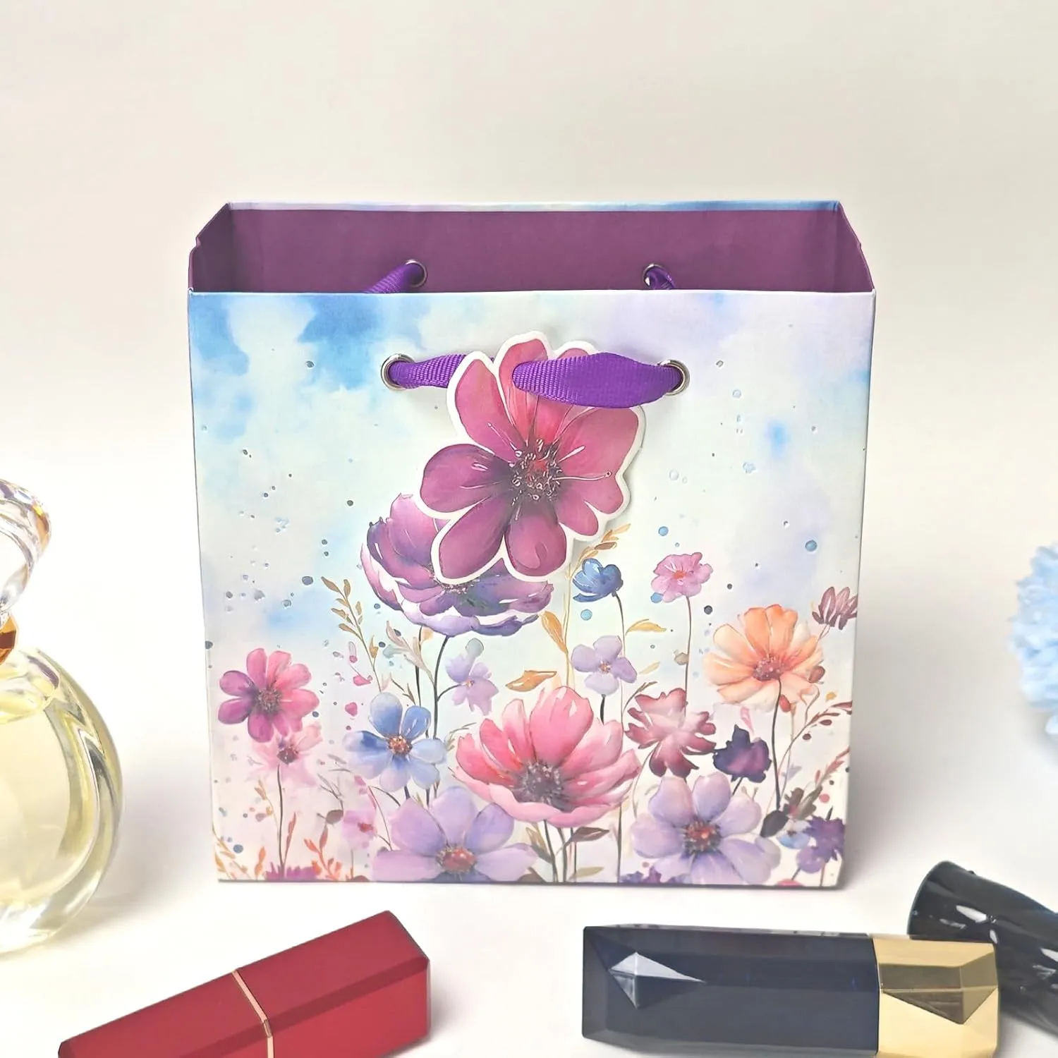 6 Pack Purple Flowers Pattern Embossed Paper Gift Bag with Handles, Assorted Paper Bags with 8 Pcs Tissue Paper for Girls/Women Baby Shower, Celebrations,Birthday, Wedding and Any Occasions