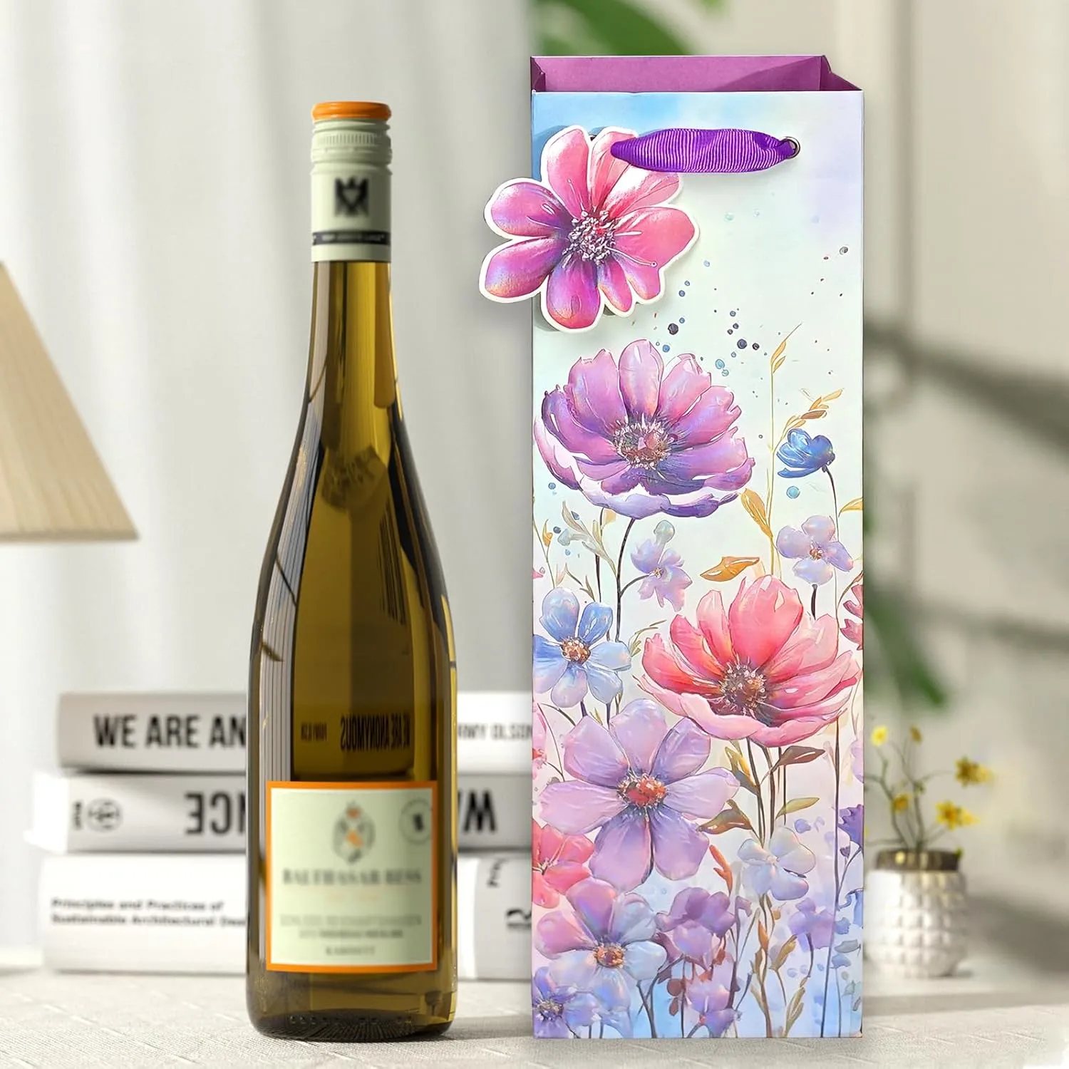 6 Pack Purple Flowers Pattern Embossed Paper Gift Bag with Handles, Assorted Paper Bags with 8 Pcs Tissue Paper for Girls/Women Baby Shower, Celebrations,Birthday, Wedding and Any Occasions