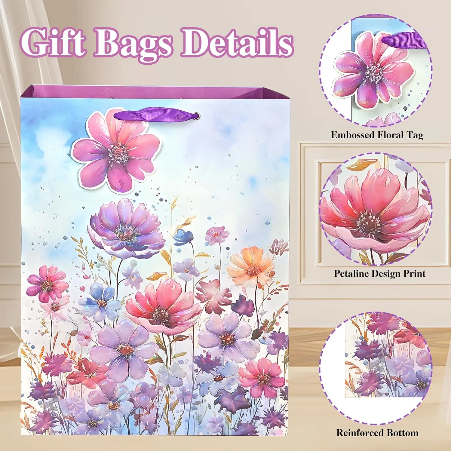 6 Pack Purple Flowers Pattern Embossed Paper Gift Bag with Handles, Assorted Paper Bags with 8 Pcs Tissue Paper for Girls/Women Baby Shower, Celebrations,Birthday, Wedding and Any Occasions