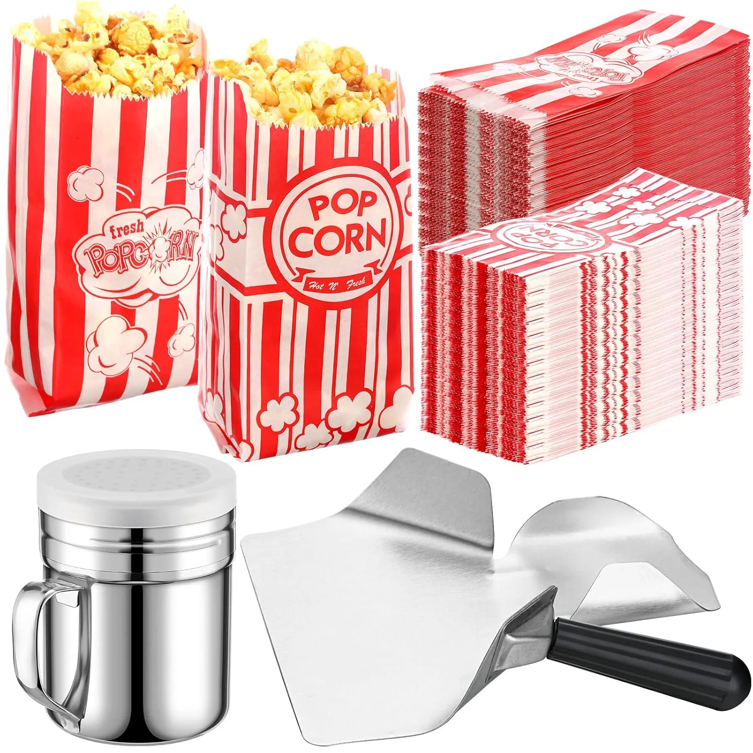 602 Popcorn Machine Supplies Set Sifting Speed Stainless Steel Popcorn Scoop Salt Shaker 600 Pcs 2 Styles 1 oz Bags Seasoning Dredge with Handle for Home Kitchen Theater Movie Tool