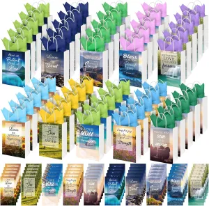 90 Pcs Christian Baptism Bible Verse Religious Gift Bag Bulk with Tissue Card Party Paper Church Welcome Treat Bag with Handle for Wedding Father Day Teacher Nurse CNA Week(Scenery Style)