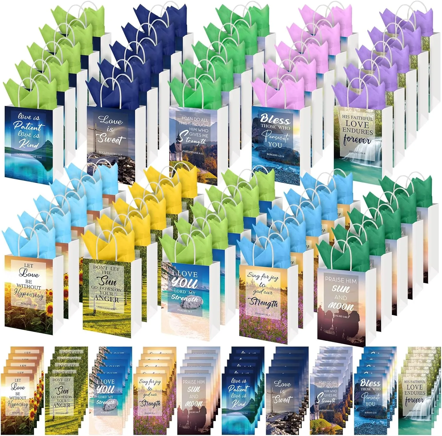 90 Pcs Christian Baptism Bible Verse Religious Gift Bag Bulk with Tissue Card Party Paper Church Welcome Treat Bag with Handle for Wedding Father Day Teacher Nurse CNA Week(Scenery Style)
