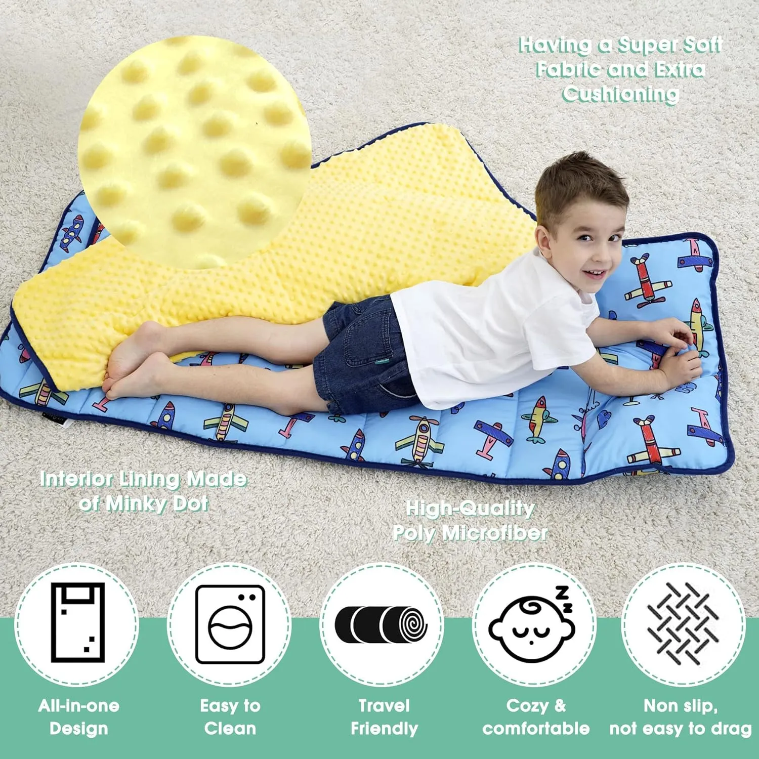 ACRABROS Toddler Nap Mat with Pillow and Blanket, Extra Large Rolled Napping Mats,Slumber Bags for Boys Girls,Kids Sleeping Bag for Daycare, Preschool Travel Camping, Plane, King