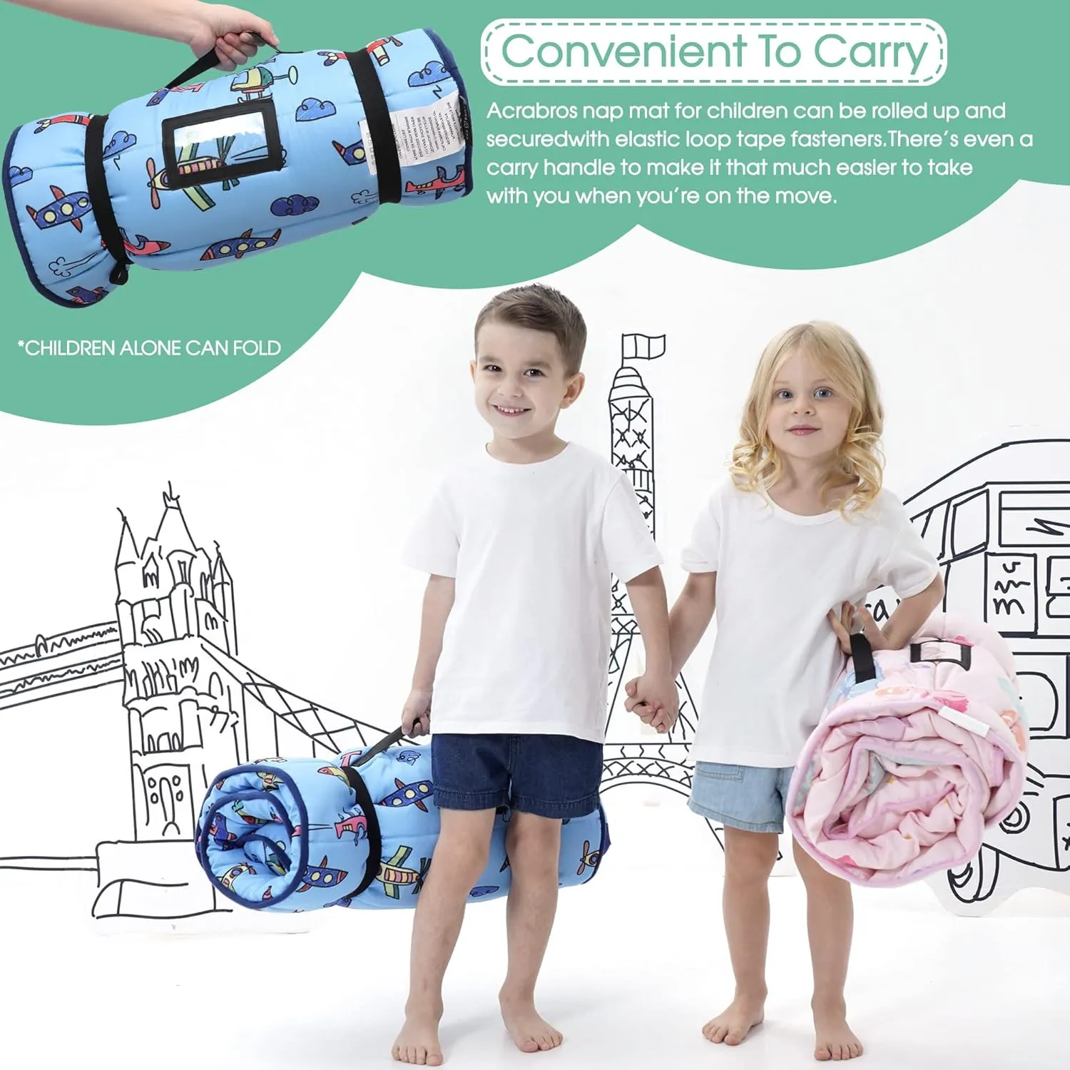 ACRABROS Toddler Nap Mat with Pillow and Blanket, Extra Large Rolled Napping Mats,Slumber Bags for Boys Girls,Kids Sleeping Bag for Daycare, Preschool Travel Camping, Plane, King