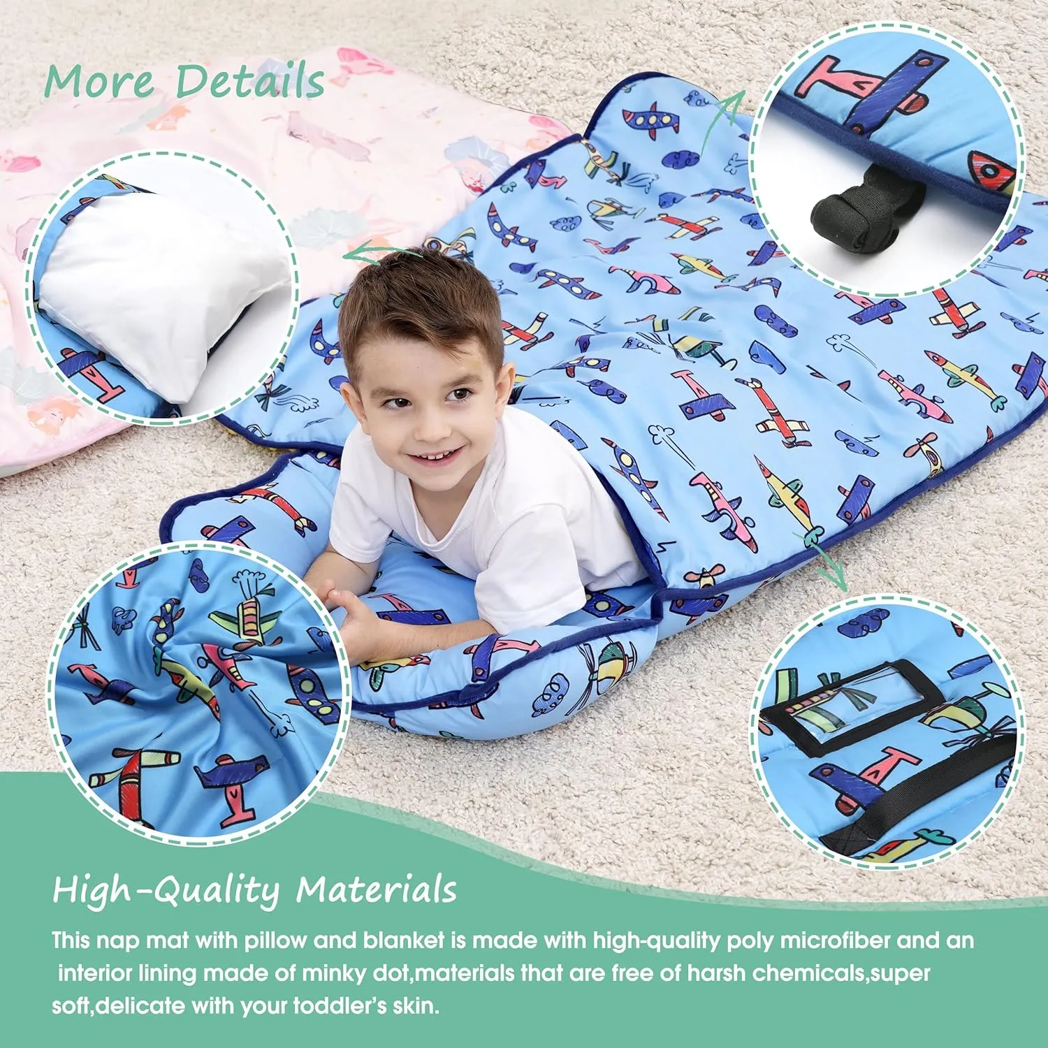 ACRABROS Toddler Nap Mat with Pillow and Blanket, Extra Large Rolled Napping Mats,Slumber Bags for Boys Girls,Kids Sleeping Bag for Daycare, Preschool Travel Camping, Plane, King