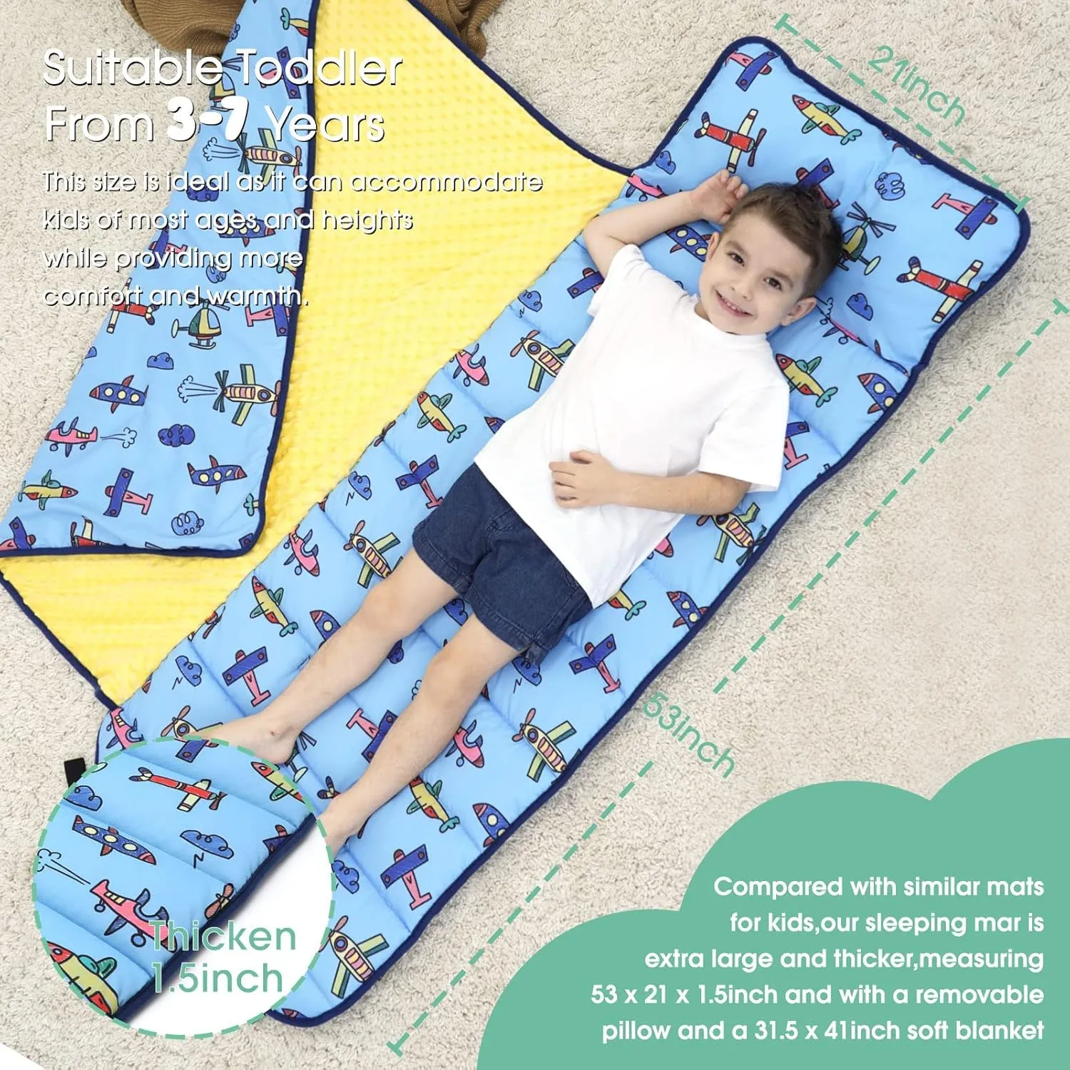 ACRABROS Toddler Nap Mat with Pillow and Blanket, Extra Large Rolled Napping Mats,Slumber Bags for Boys Girls,Kids Sleeping Bag for Daycare, Preschool Travel Camping, Plane, King