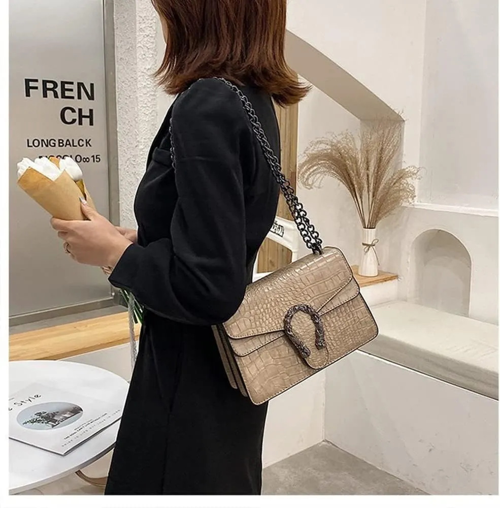Aiqudou Crossbody Bag and Satchel Purse for Women - Fashion Snake Print Chain Purse Luxury PU Leather HandBag