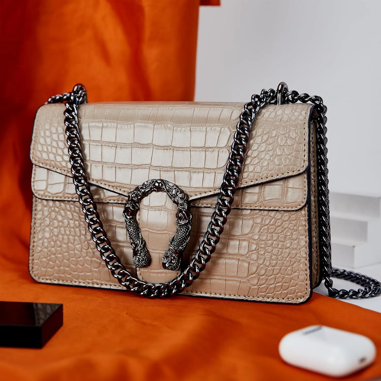 Aiqudou Crossbody Bag and Satchel Purse for Women - Fashion Snake Print Chain Purse Luxury PU Leather HandBag