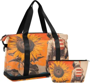 AIXIWAWA Big Sunflower Astronaut Duffel Bags Set with Shoes Compartment Trolley Sleeve Removeable Strap for Workout Travel Gym