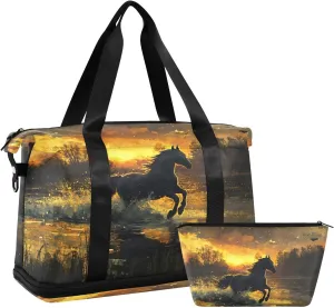 AIXIWAWA Sunset Horse Duffel Bags Set with Shoes Compartment Trolley Sleeve Removeable Strap for Workout Travel Gym