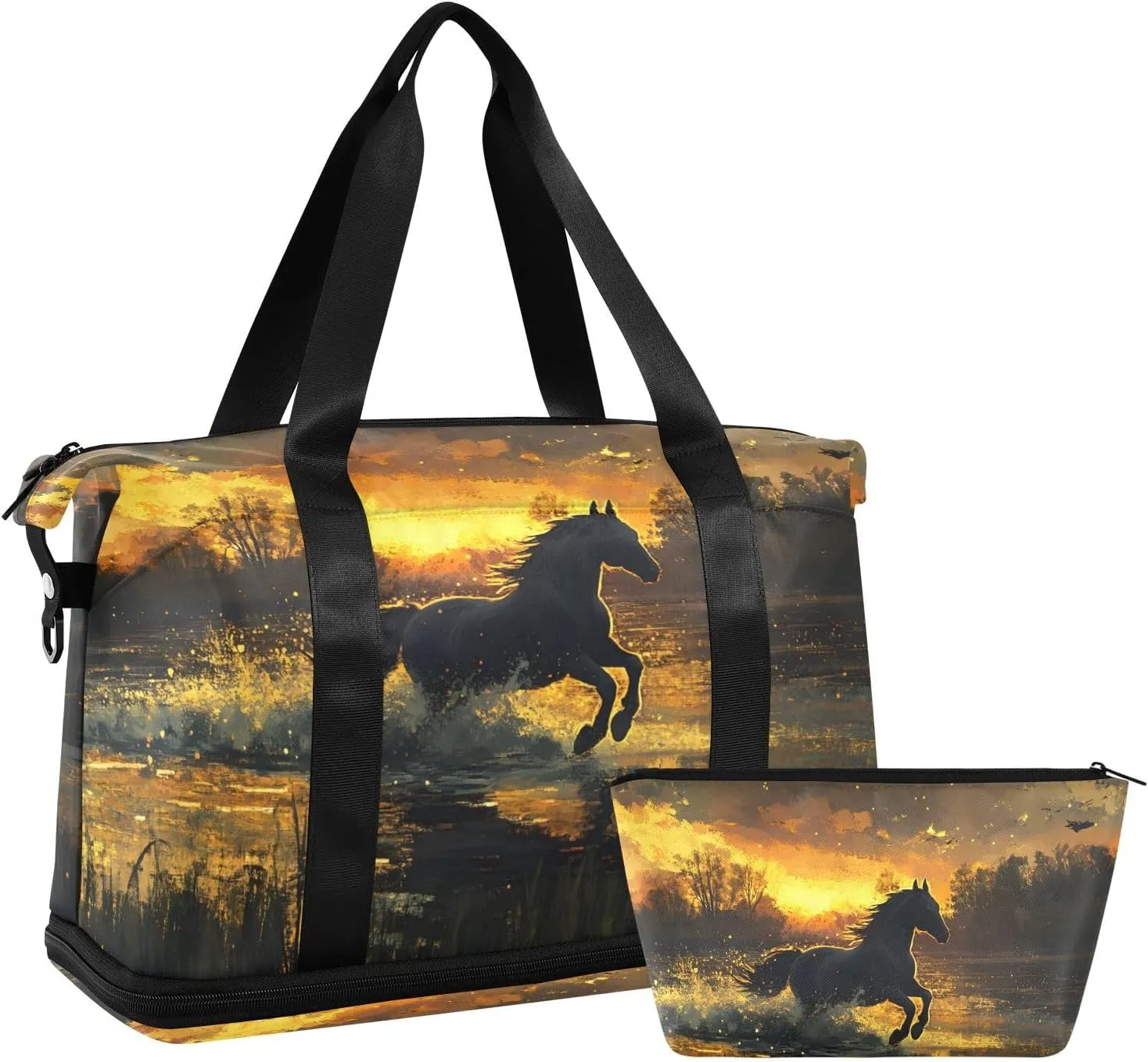 AIXIWAWA Sunset Horse Duffel Bags Set with Shoes Compartment Trolley Sleeve Removeable Strap for Workout Travel Gym