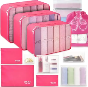 ALL INCLUDED - 12 Set Packing Cubes for Suitcases Carry On, Travel Essentials/Accessories Luggage Organizer Bags Set, Includes Cubes, Shoes Bag, Matte Cosmetic Bag, Laundry Bag (Rose)