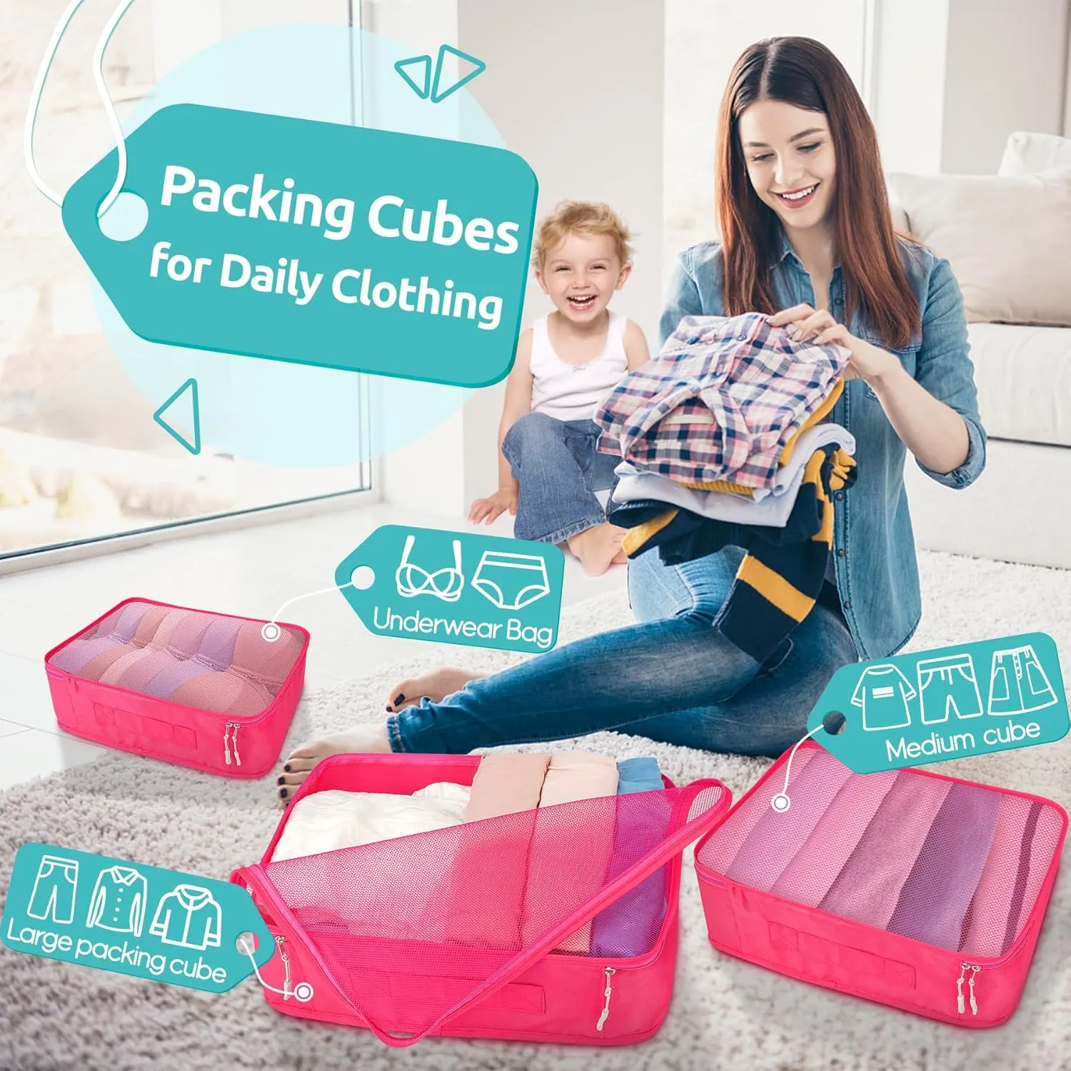ALL INCLUDED - 12 Set Packing Cubes for Suitcases Carry On, Travel Essentials/Accessories Luggage Organizer Bags Set, Includes Cubes, Shoes Bag, Matte Cosmetic Bag, Laundry Bag (Rose)