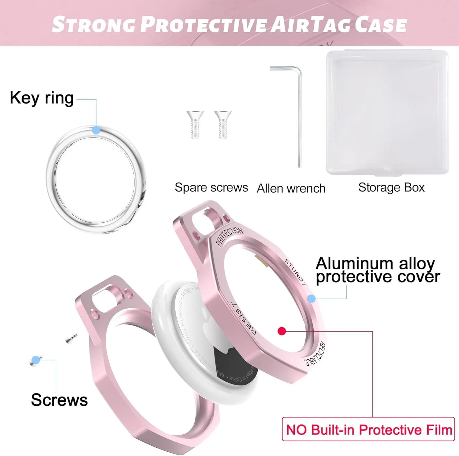Aluminum Alloy Keychain Case for Apple AirTag Tracker-AirTag Holder Case (Pink)