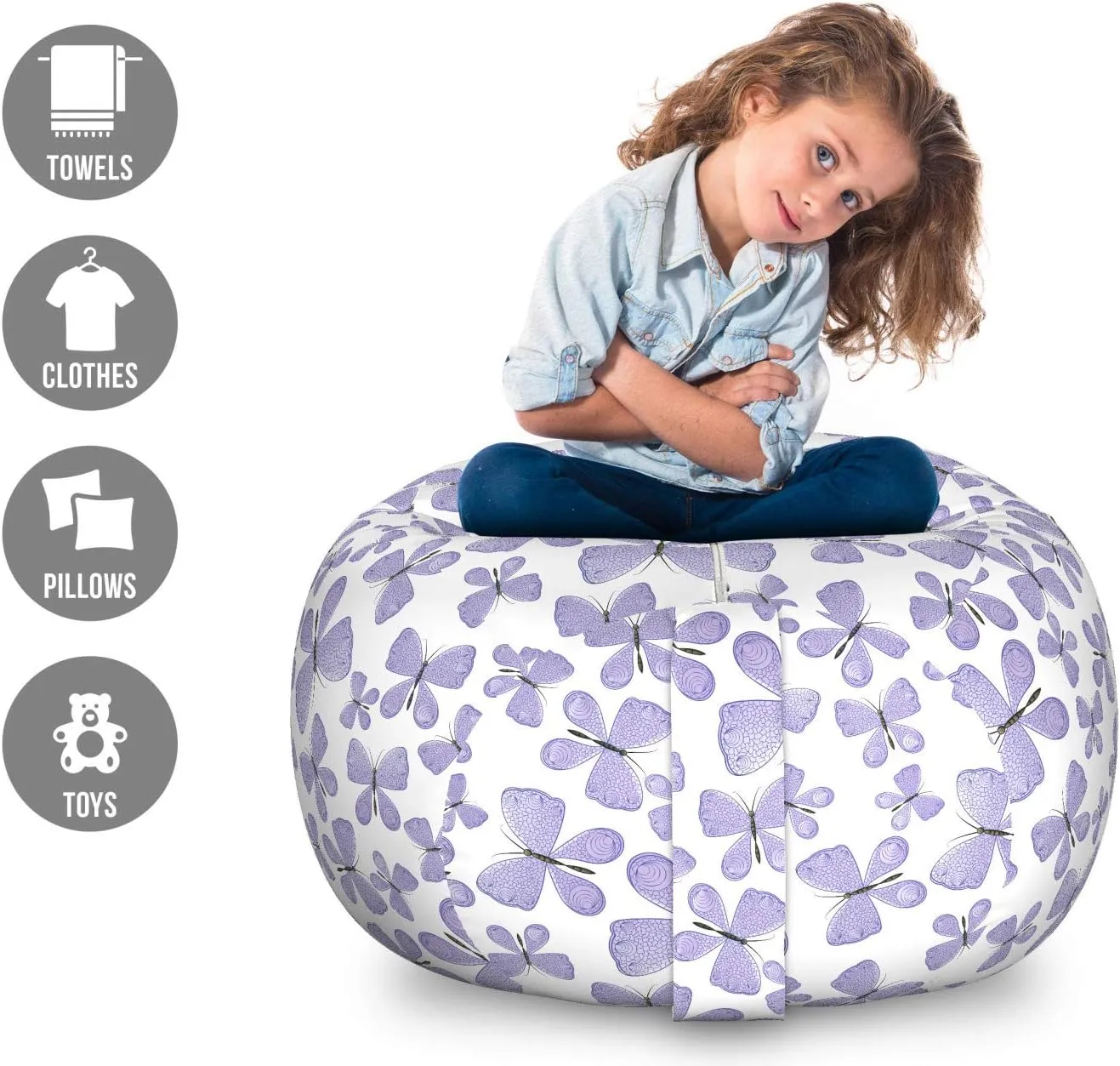 Ambesonne Butterfly Storage Toy Bag Chair, Continuous Pattern of Monotone Abstract Winged Delicate Insect, Stuffed Animal Organizer Washable Bag, Large Size, Blue Grey