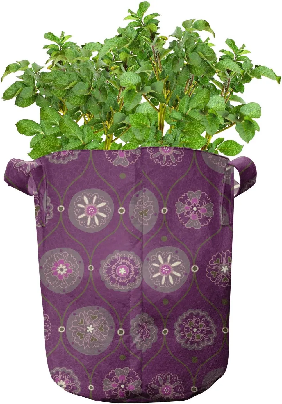Ambesonne Oriental Grow Bags 5-Pack, Flourish Ornate, Heavyduty Fabric Pots with Handles for Plants, Plum and Multicolor