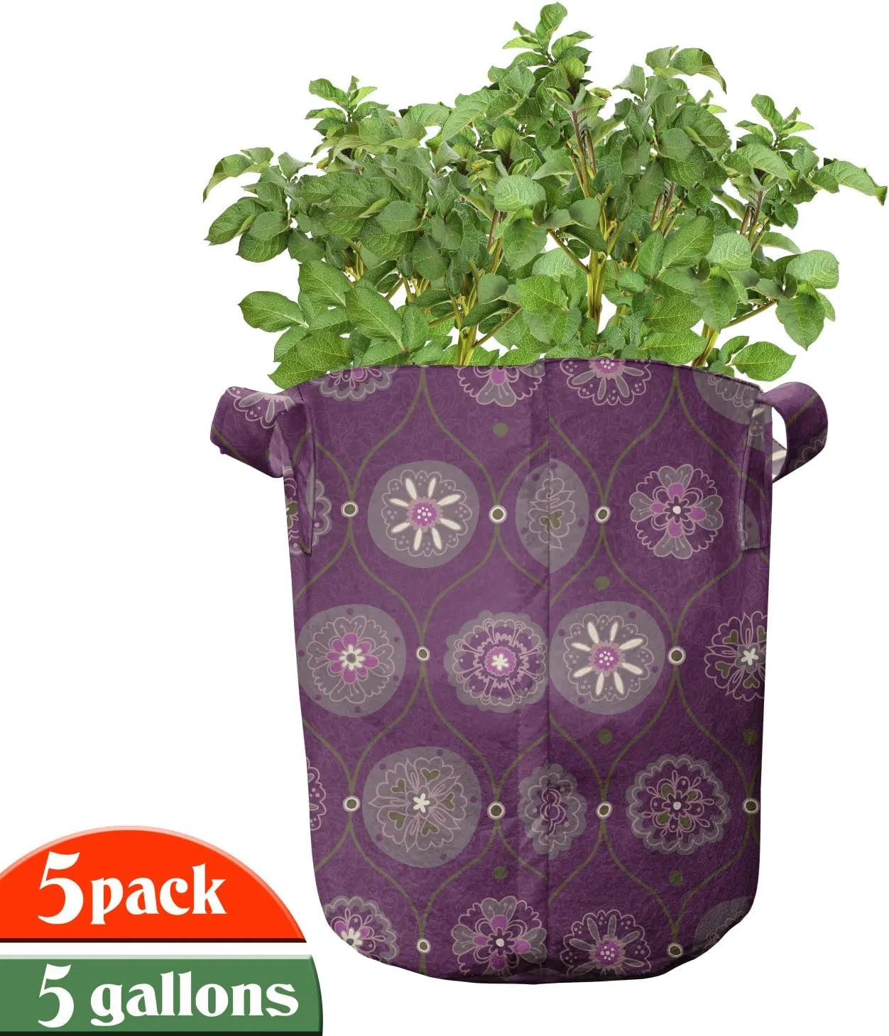 Ambesonne Oriental Grow Bags 5-Pack, Flourish Ornate, Heavyduty Fabric Pots with Handles for Plants, Plum and Multicolor