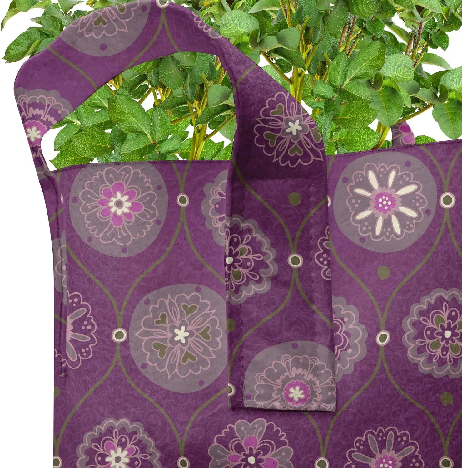 Ambesonne Oriental Grow Bags 5-Pack, Flourish Ornate, Heavyduty Fabric Pots with Handles for Plants, Plum and Multicolor