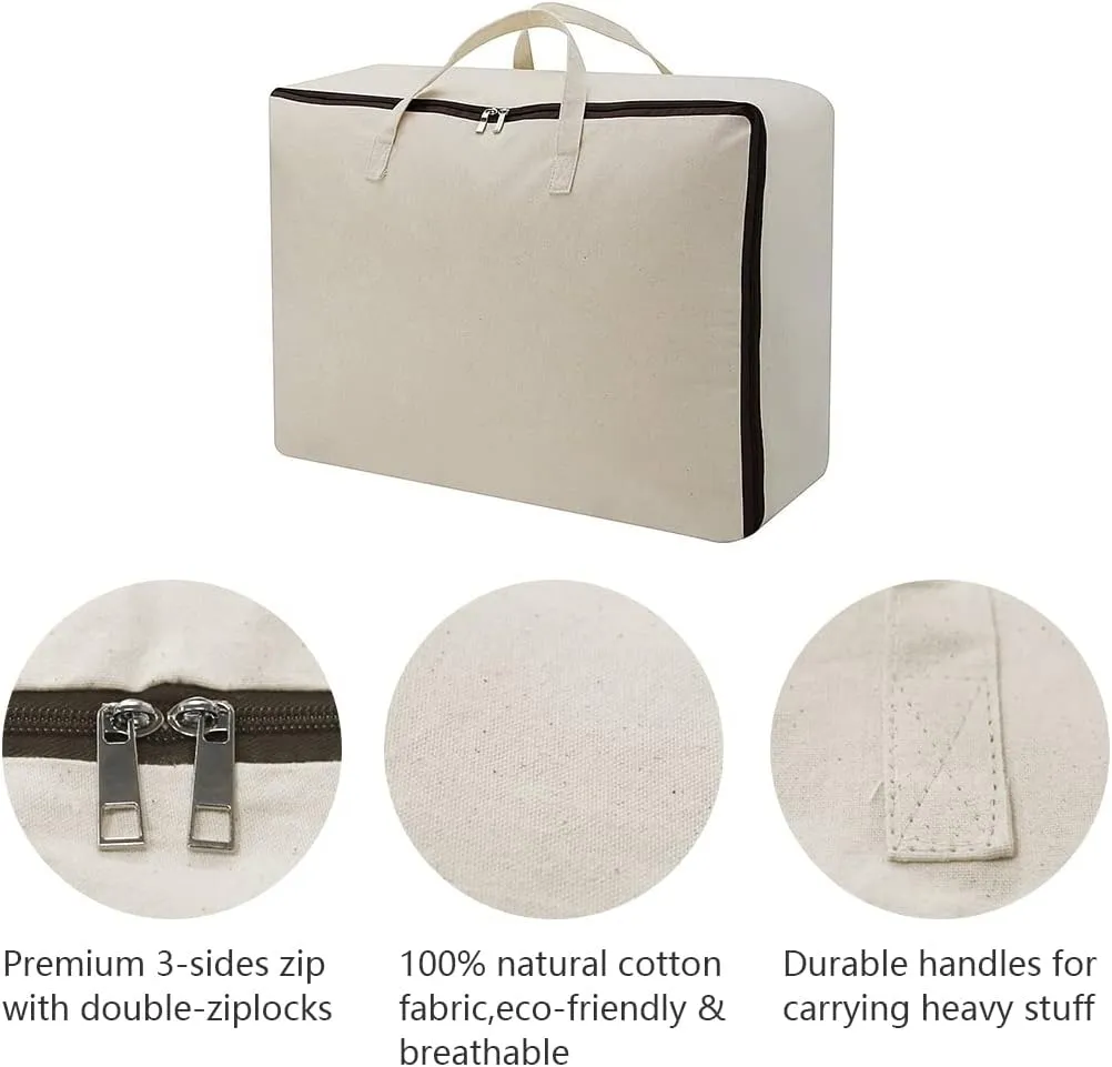 AMJ Set of 3, Canvas Storage Bag with 3-Side Zip Open & Handles, 8OZ Thick Soft Breathable Closet Organizer for Beddings, House Move or Winter Garment Storage in Wardrobe, Beige
