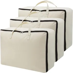 AMJ Set of 3, Canvas Storage Bag with 3-Side Zip Open & Handles, 8OZ Thick Soft Breathable Closet Organizer for Beddings, House Move or Winter Garment Storage in Wardrobe, Beige