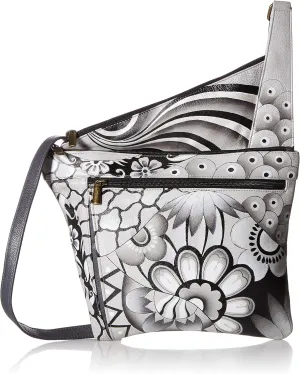 Anna by Anuschka Handpainted Women's Genuine Leather Asymmetric Slim Crossbody Bag with Zippered Pockets and Adjustable Strap