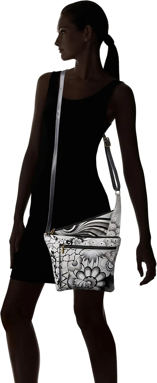 Anna by Anuschka Handpainted Women's Genuine Leather Asymmetric Slim Crossbody Bag with Zippered Pockets and Adjustable Strap