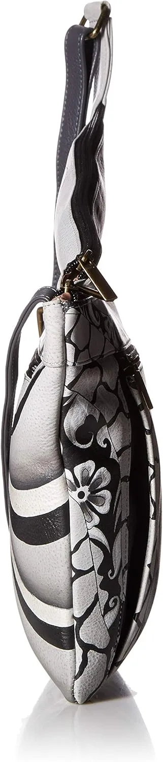 Anna by Anuschka Handpainted Women's Genuine Leather Asymmetric Slim Crossbody Bag with Zippered Pockets and Adjustable Strap