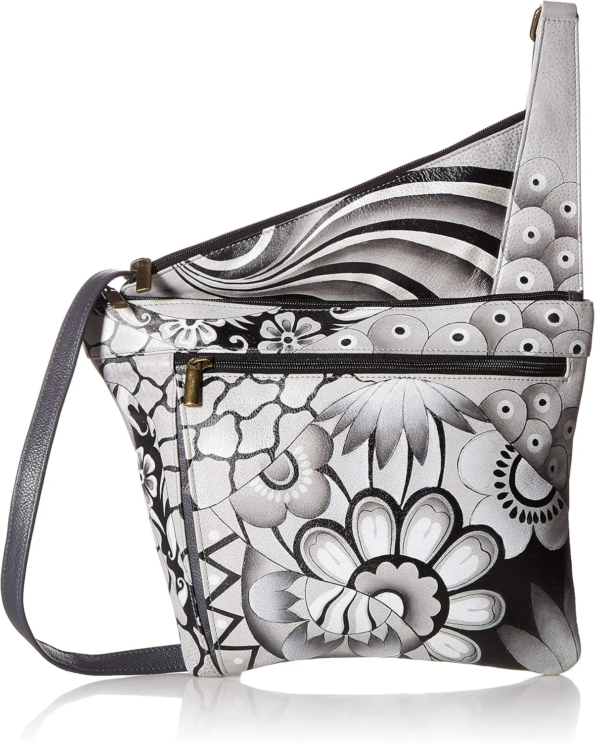 Anna by Anuschka Handpainted Women's Genuine Leather Asymmetric Slim Crossbody Bag with Zippered Pockets and Adjustable Strap