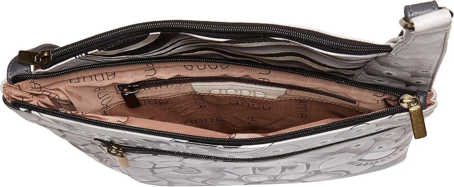 Anna by Anuschka Handpainted Women's Genuine Leather Asymmetric Slim Crossbody Bag with Zippered Pockets and Adjustable Strap