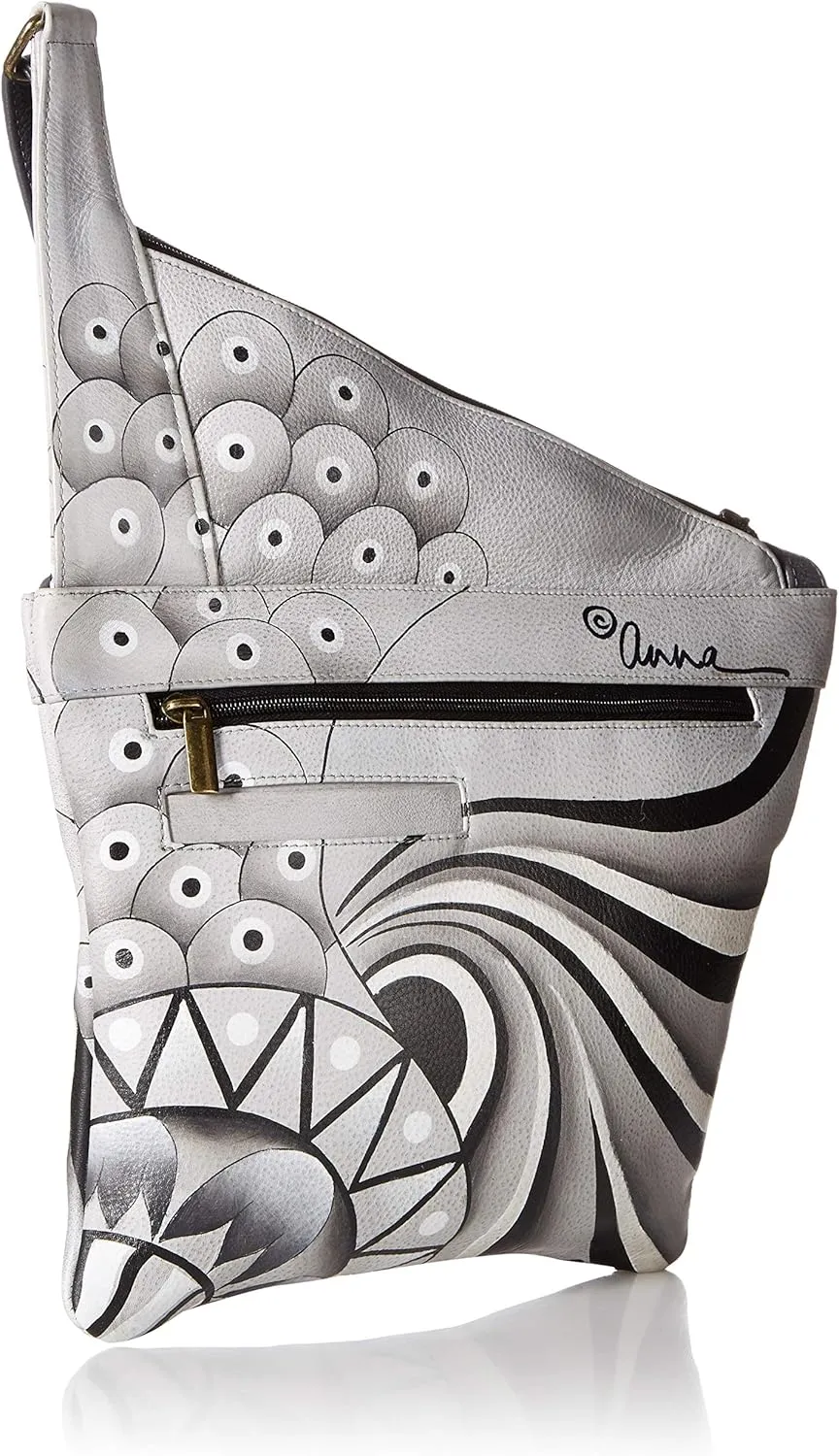 Anna by Anuschka Handpainted Women's Genuine Leather Asymmetric Slim Crossbody Bag with Zippered Pockets and Adjustable Strap