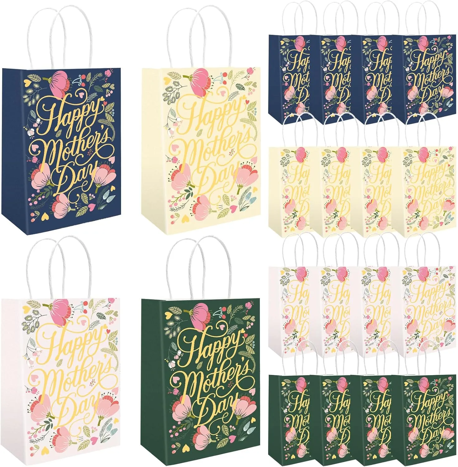 AnyDesign 16Pcs Happy Mother's Day Paper Gift Bag Gold Foil Floral Candy Bag with Handle 4 Designs Flower Goody Treat Bag for Party Favor Supplies, 5.9 x 8.3 x 3.1 Inch