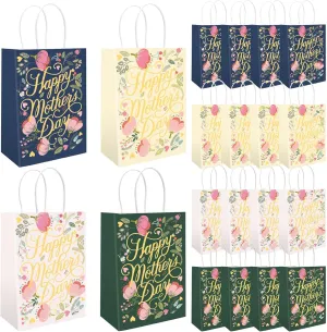 AnyDesign 16Pcs Happy Mother's Day Paper Gift Bag Gold Foil Floral Candy Bag with Handle 4 Designs Flower Goody Treat Bag for Party Favor Supplies, 5.9 x 8.3 x 3.1 Inch