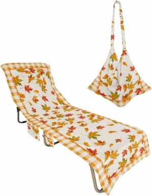 Autumn Maple Leaves Chaise Lounger Cover with Pockets, Pool Lounge Chair Covers 85"x29", Thanksgiving Orange Plaid Burlap Microfiber Beach Chair Cover for Outdoor Patio Sunbathing