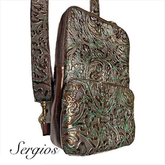 Backpack /Slim-Bag/ Messenger Bag Embossed Copper brown Teal Leather