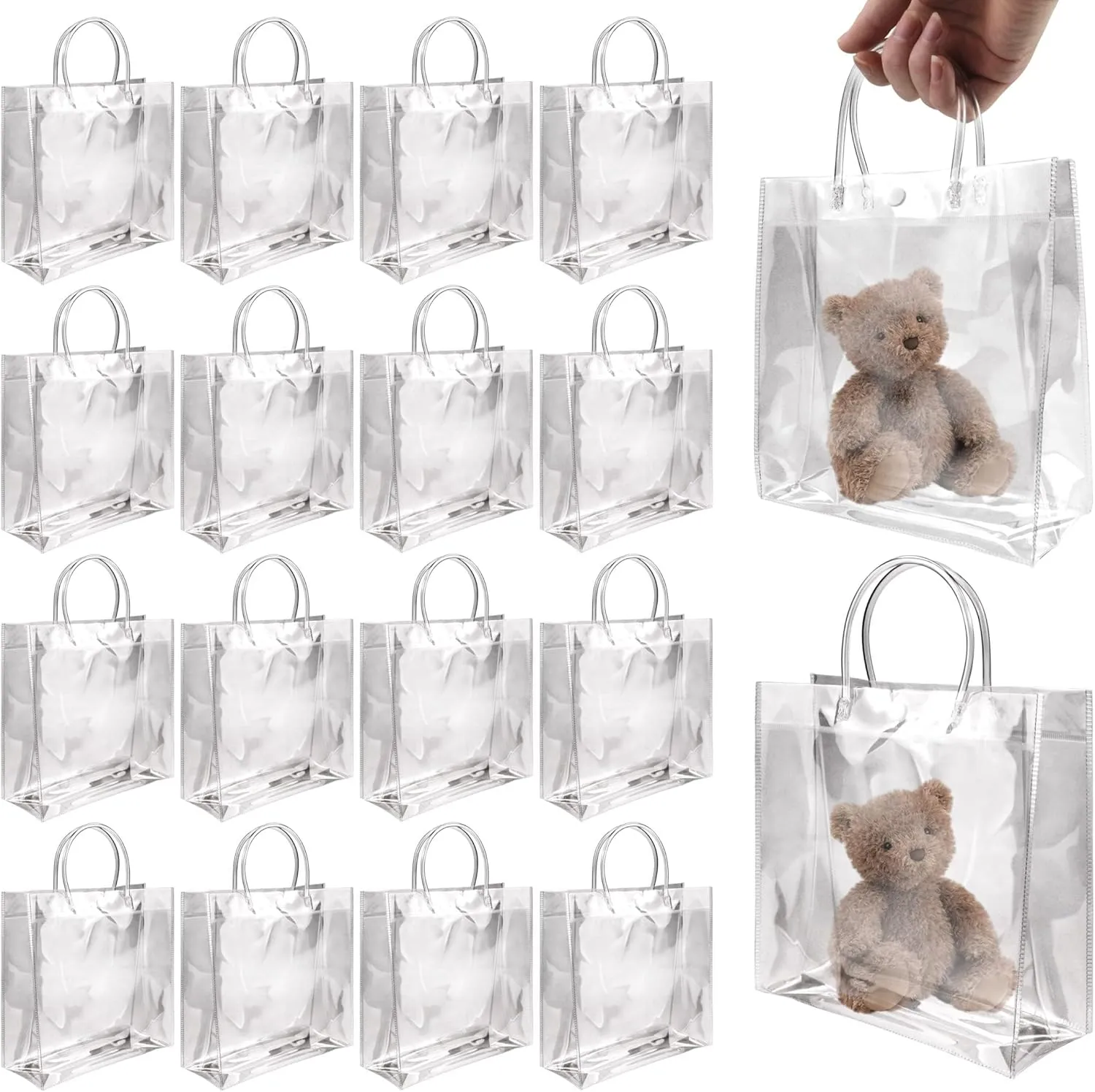 BadenBach 16 PCS Clear Gift Bags with Handle,7.87" x 7.87" x 3.15",Transparent Plastic Gift Wrap Bag Bulk Reusable Clear Party Favor Goodie Bags for Boutique Wedding Birthday Baby Shower Mother's Day