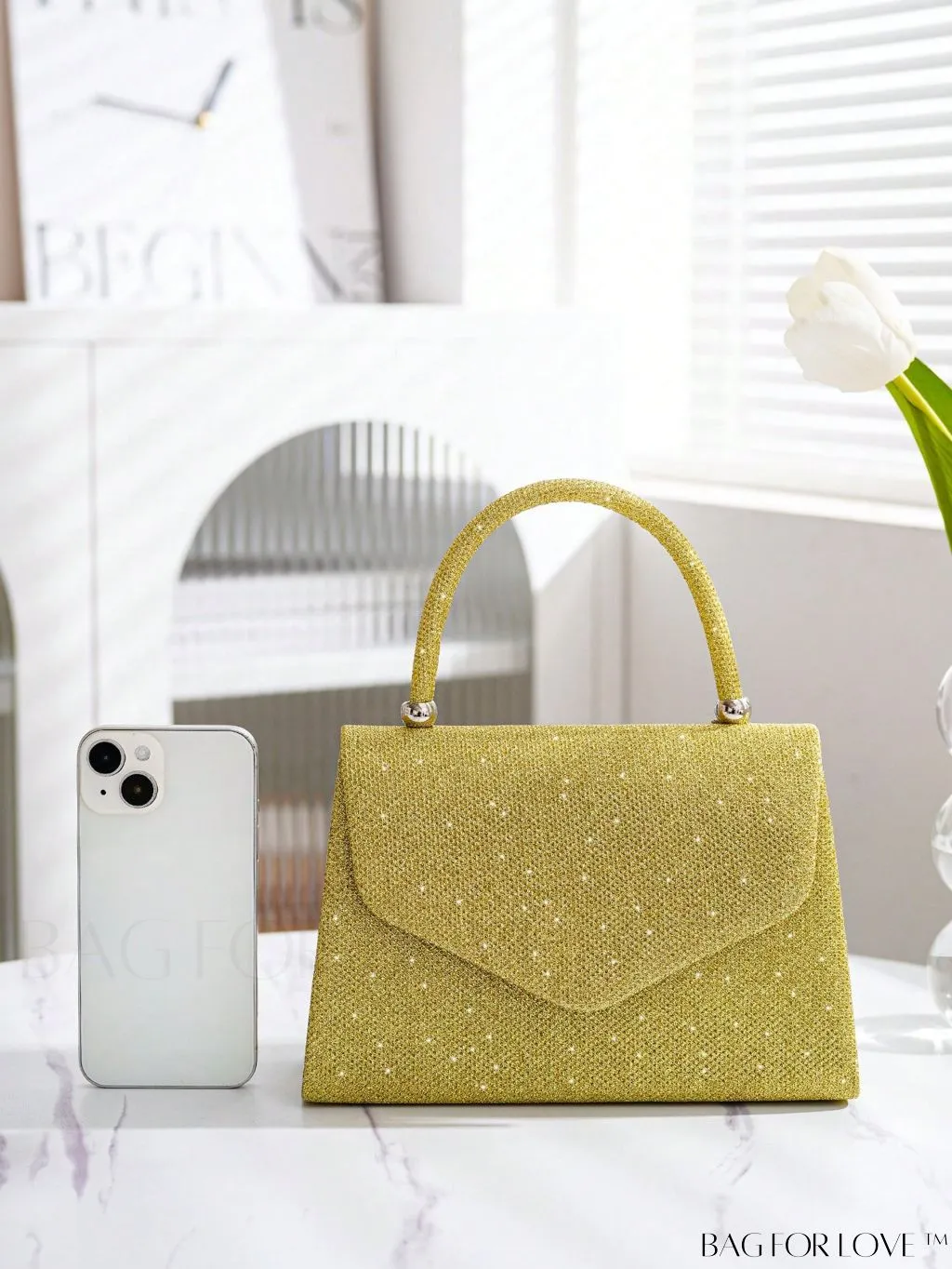 BagForLove - Glittery Flap Square Bag: Top Handle, Perfect for Weddings, Proms & Party Events