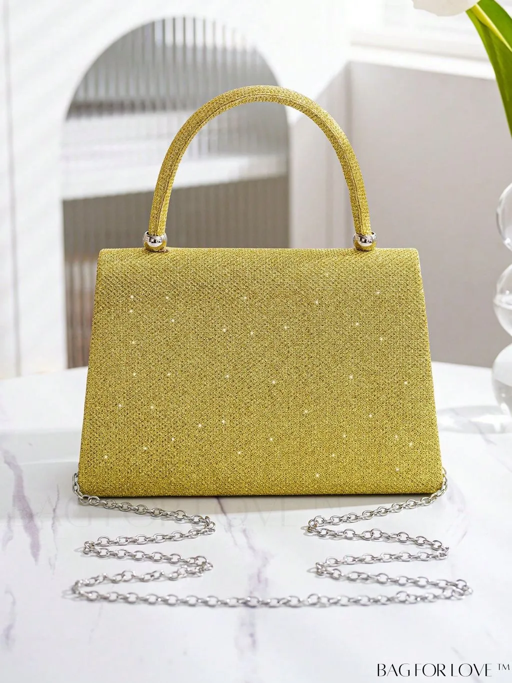 BagForLove - Glittery Flap Square Bag: Top Handle, Perfect for Weddings, Proms & Party Events