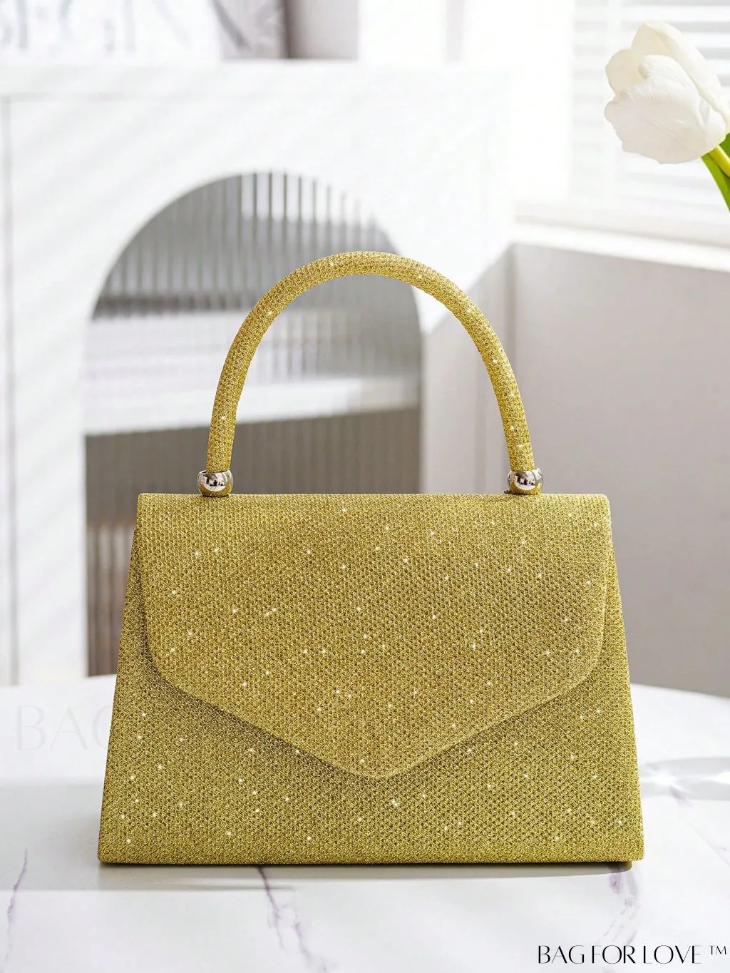 BagForLove - Glittery Flap Square Bag: Top Handle, Perfect for Weddings, Proms & Party Events