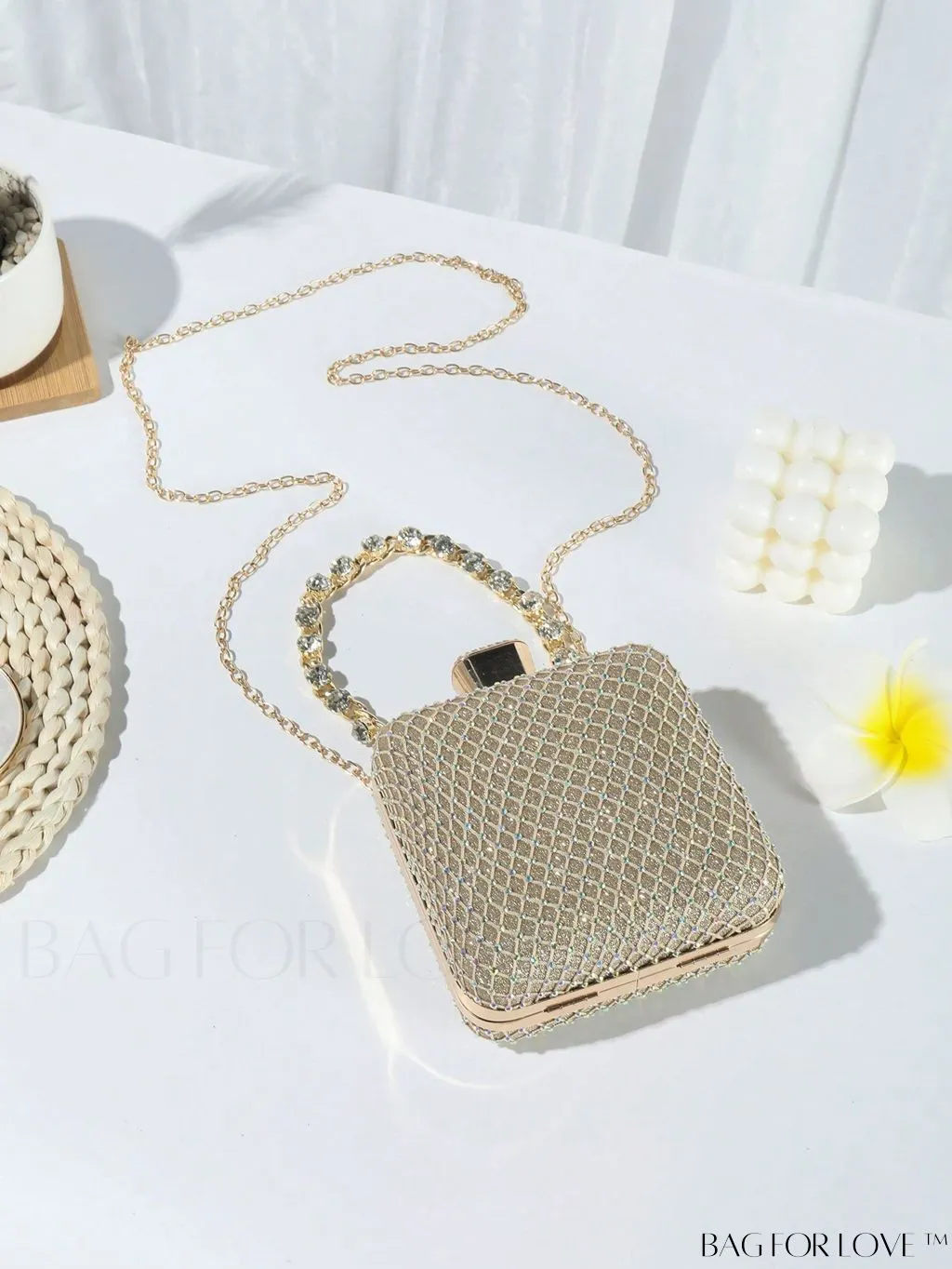 BagForLove - Glittery Mini Box Bag with Rhinestone Detail & Chain Strap, Perfect for Prom