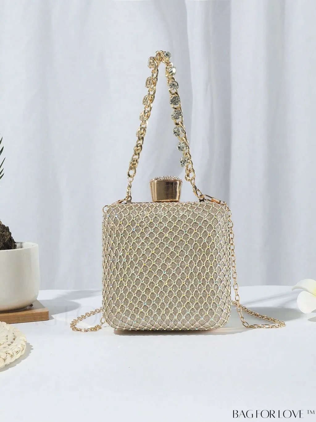 BagForLove - Glittery Mini Box Bag with Rhinestone Detail & Chain Strap, Perfect for Prom