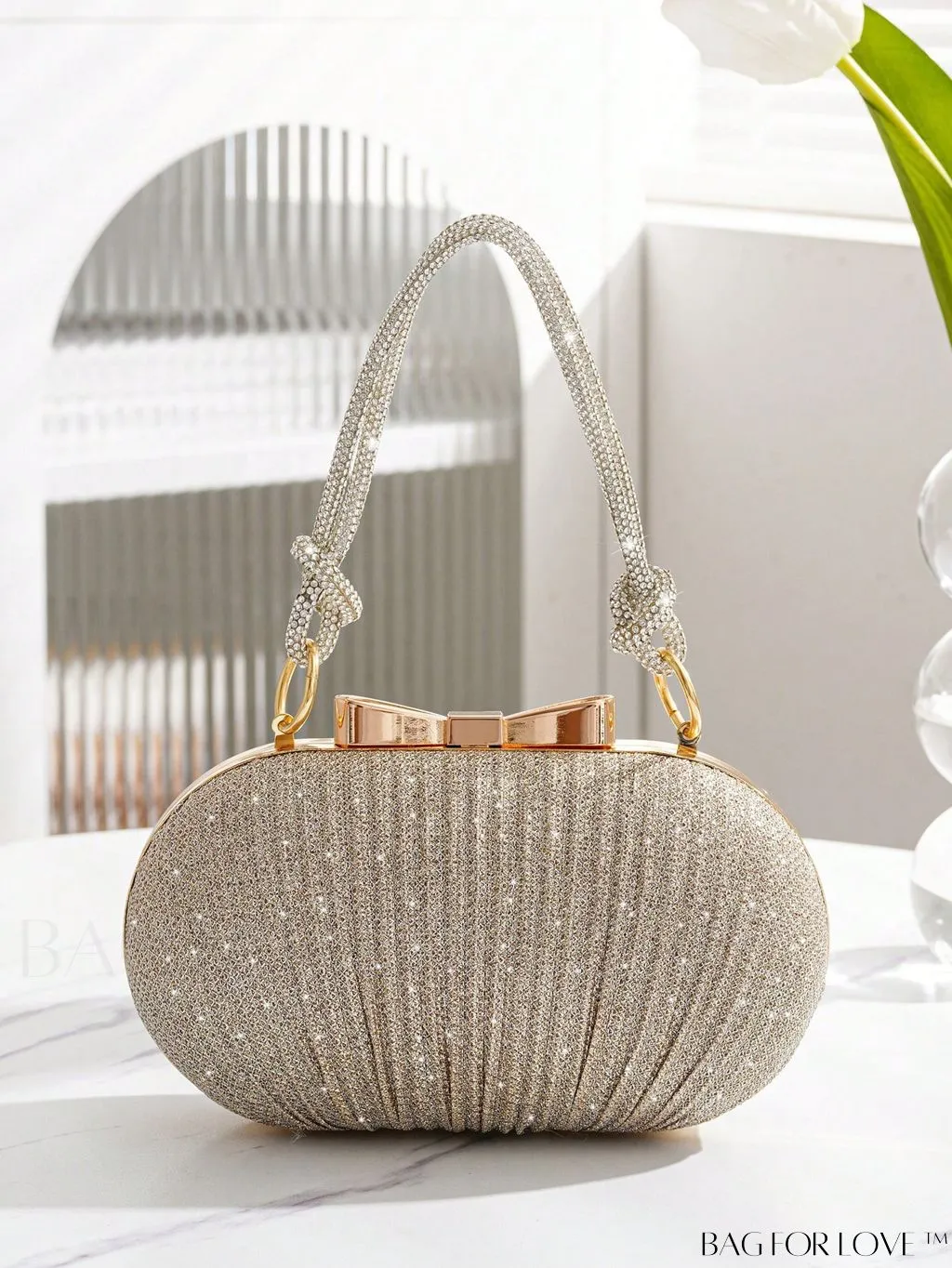BagForLove - Rhinstone Bow Mini Box Bag: Glittery Glam Bride Purse for Weddings, Proms, and Parties
