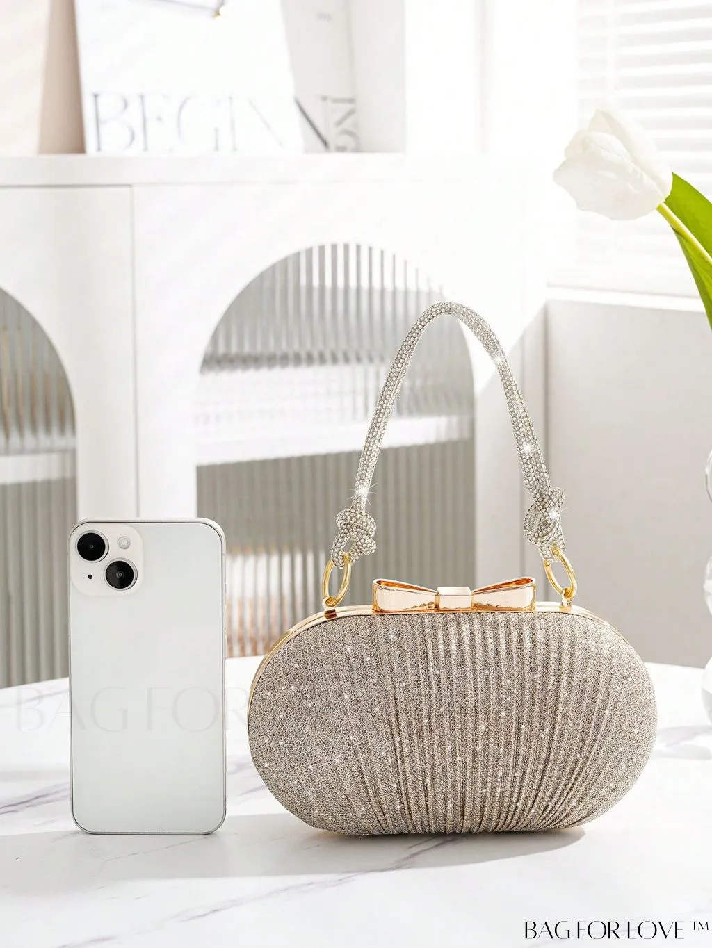 BagForLove - Rhinstone Bow Mini Box Bag: Glittery Glam Bride Purse for Weddings, Proms, and Parties